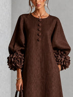 Chocolate Brown Floral Button-down Midi Dress With Striking Floral Cuffs