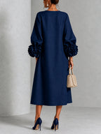 Navy Floral Button-down Midi Dress With Striking Floral Cuffs