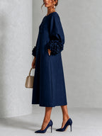 Navy Floral Button-down Midi Dress With Striking Floral Cuffs
