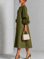 Olive Floral Button-down Midi Dress With Striking Floral Cuffs