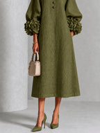 Olive Floral Button-down Midi Dress With Striking Floral Cuffs