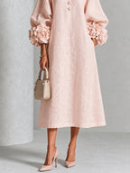 Pink Floral Button-down Midi Dress With Striking Floral Cuffs