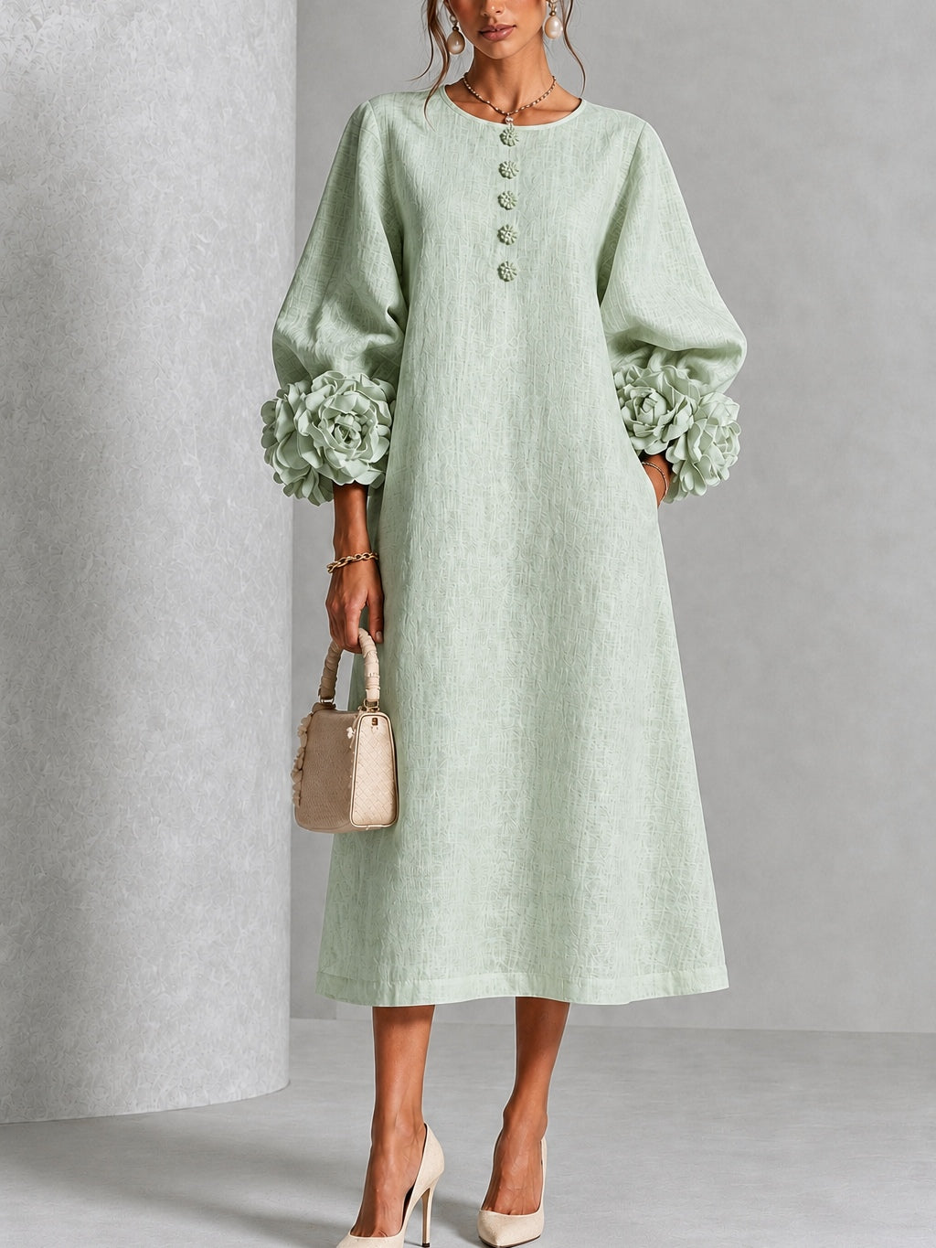 Sage Mist Floral Button-down Midi Dress With Striking Floral Cuffs