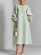 Sage Mist Floral Button-down Midi Dress With Striking Floral Cuffs