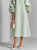 Sage Mist Floral Button-down Midi Dress With Striking Floral Cuffs