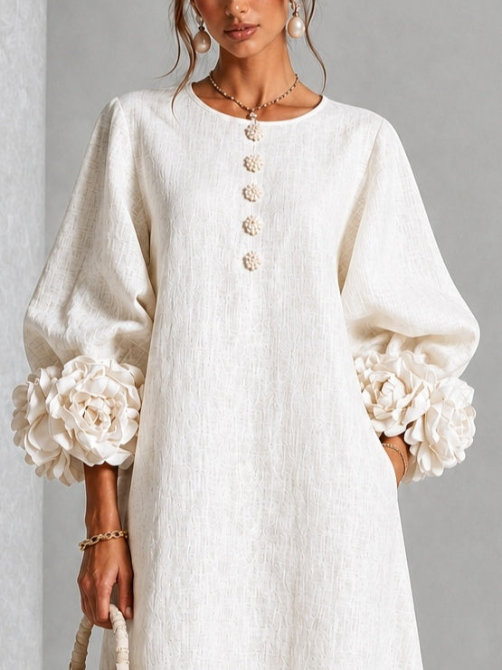 White Floral Button-down Midi Dress With Striking Floral Cuffs