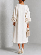 White Floral Button-down Midi Dress With Striking Floral Cuffs