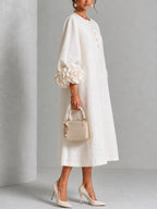 White Floral Button-down Midi Dress With Striking Floral Cuffs