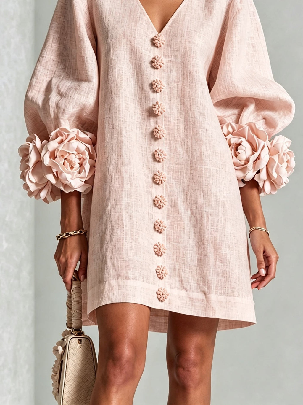 Pink V-neck Floral Button-down Mini Dress With Striking Floral Cuffs