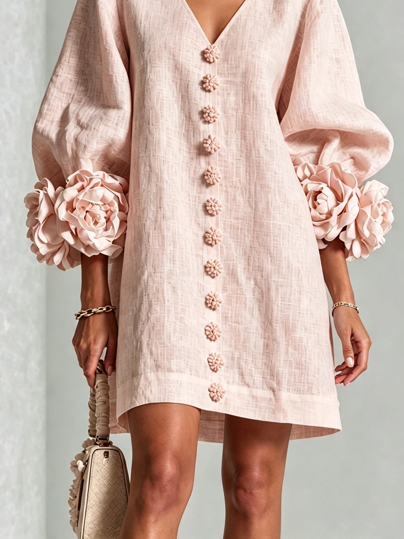 Pink V-neck Floral Button-down Mini Dress With Striking Floral Cuffs