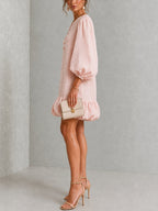 Pink Floral Button-Front Ruffled Puff-Sleeve Mini Dress