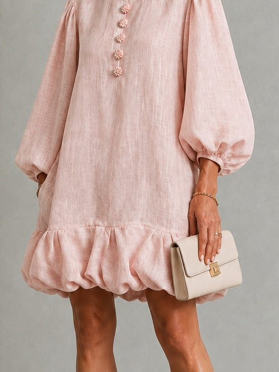 Pink Floral Button-Front Ruffled Puff-Sleeve Mini Dress