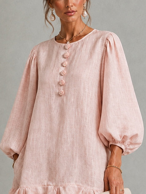 Pink Floral Button-Front Ruffled Puff-Sleeve Mini Dress