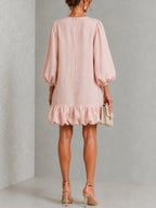 Pink Floral Button-Front Ruffled Puff-Sleeve Mini Dress