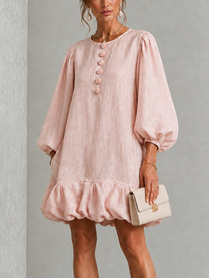 Pink Floral Button-Front Ruffled Puff-Sleeve Mini Dress