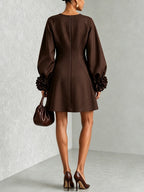 Chocolate Brown Belted A-line Mini Dress Featuring Striking Floral Cuffs