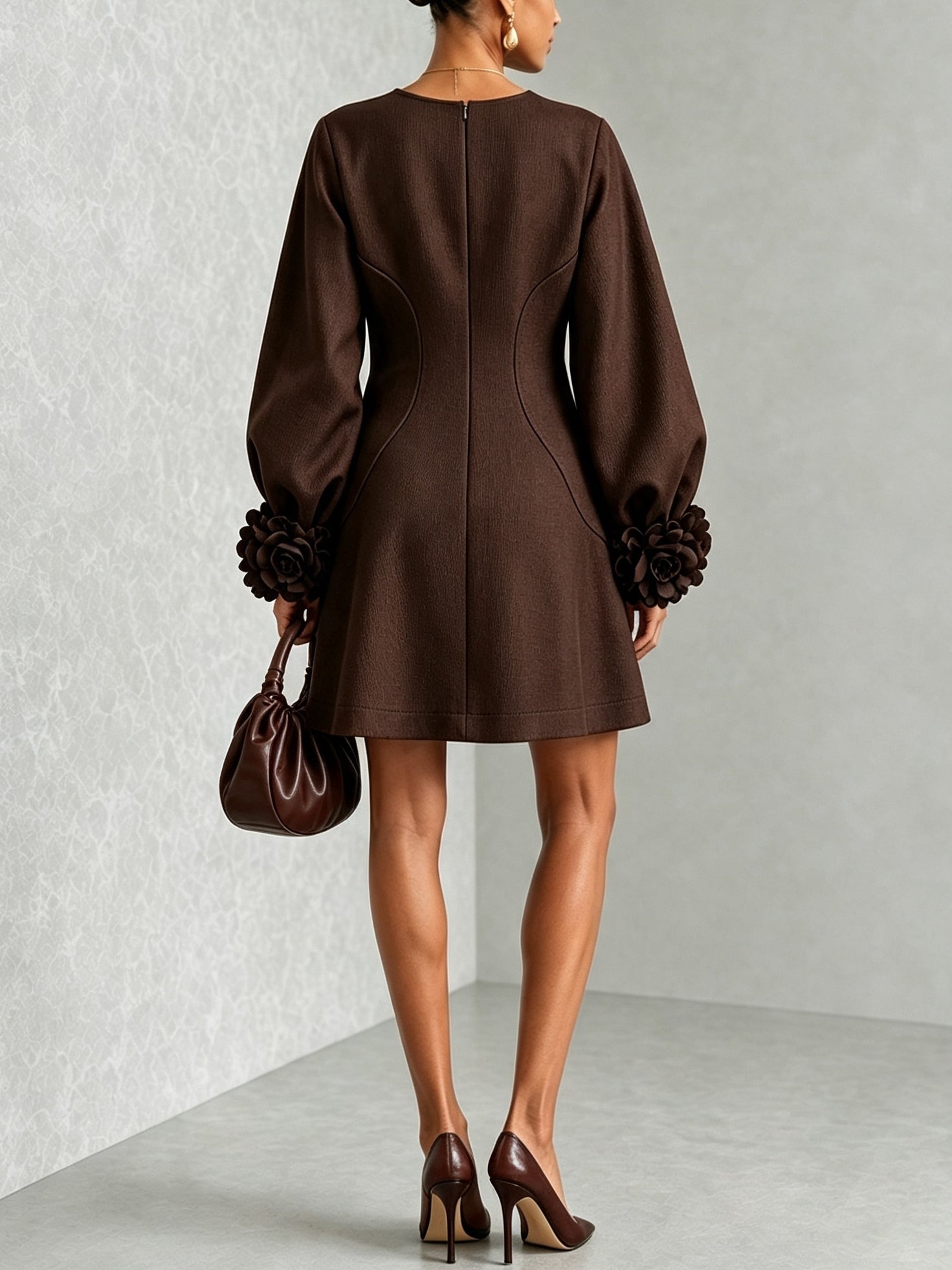 Chocolate Brown Belted A-line Mini Dress Featuring Striking Floral Cuffs