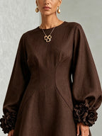 Chocolate Brown Belted A-line Mini Dress Featuring Striking Floral Cuffs