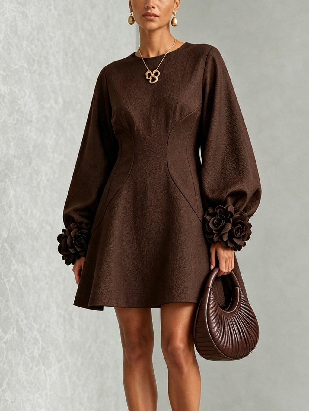 Chocolate Brown Belted A-line Mini Dress Featuring Striking Floral Cuffs