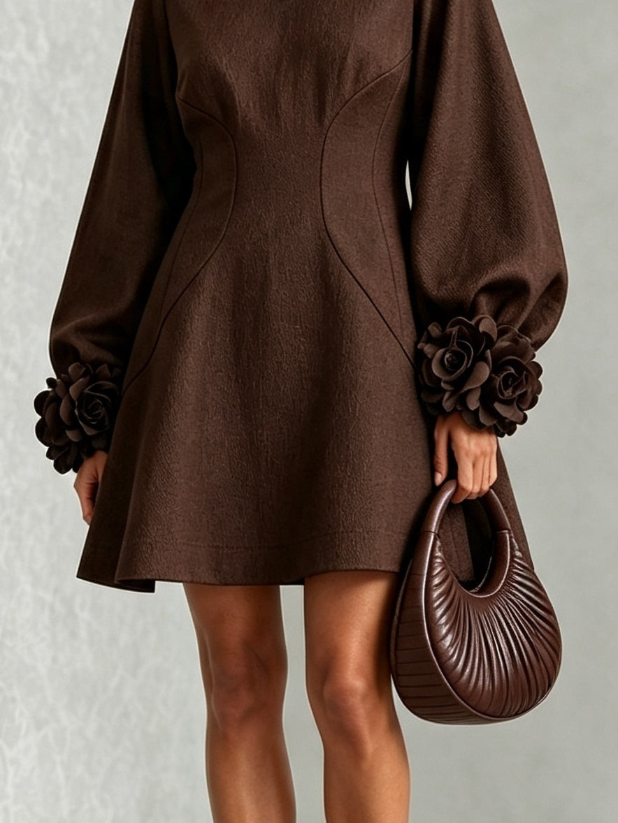 Chocolate Brown Belted A-line Mini Dress Featuring Striking Floral Cuffs