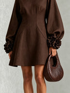 Chocolate Brown Belted A-line Mini Dress Featuring Striking Floral Cuffs