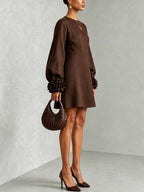 Chocolate Brown Belted A-line Mini Dress Featuring Striking Floral Cuffs