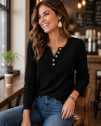 Adelina | Textured Button Knit Top — Black