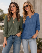 Adelina | Textured Button Knit Top — Blue