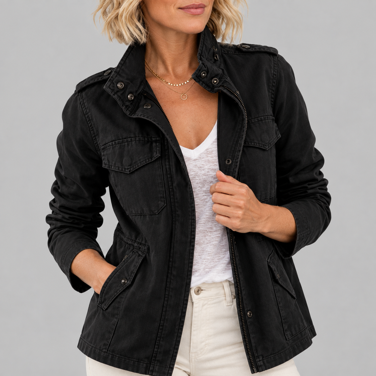 RHODA™ - Vintage Zip Up Button Military Jacket