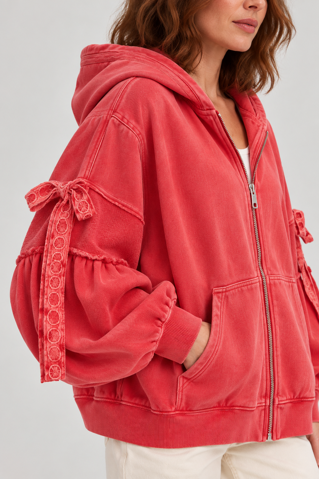 LELENA™ - Chic Zip Up Hooded Side Bow Long Sleeve Jacket