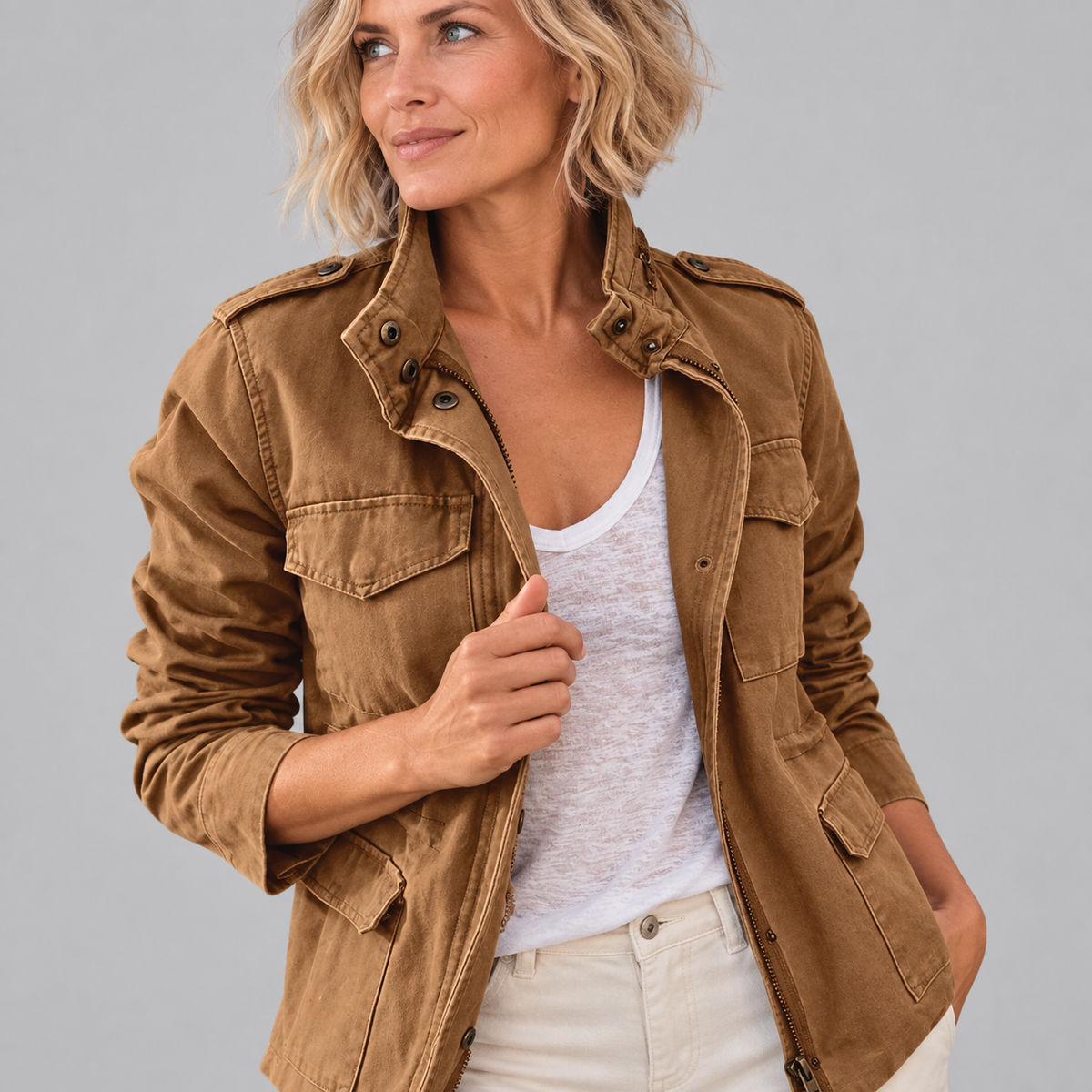 RHODA™ - Vintage Zip Up Button Military Jacket