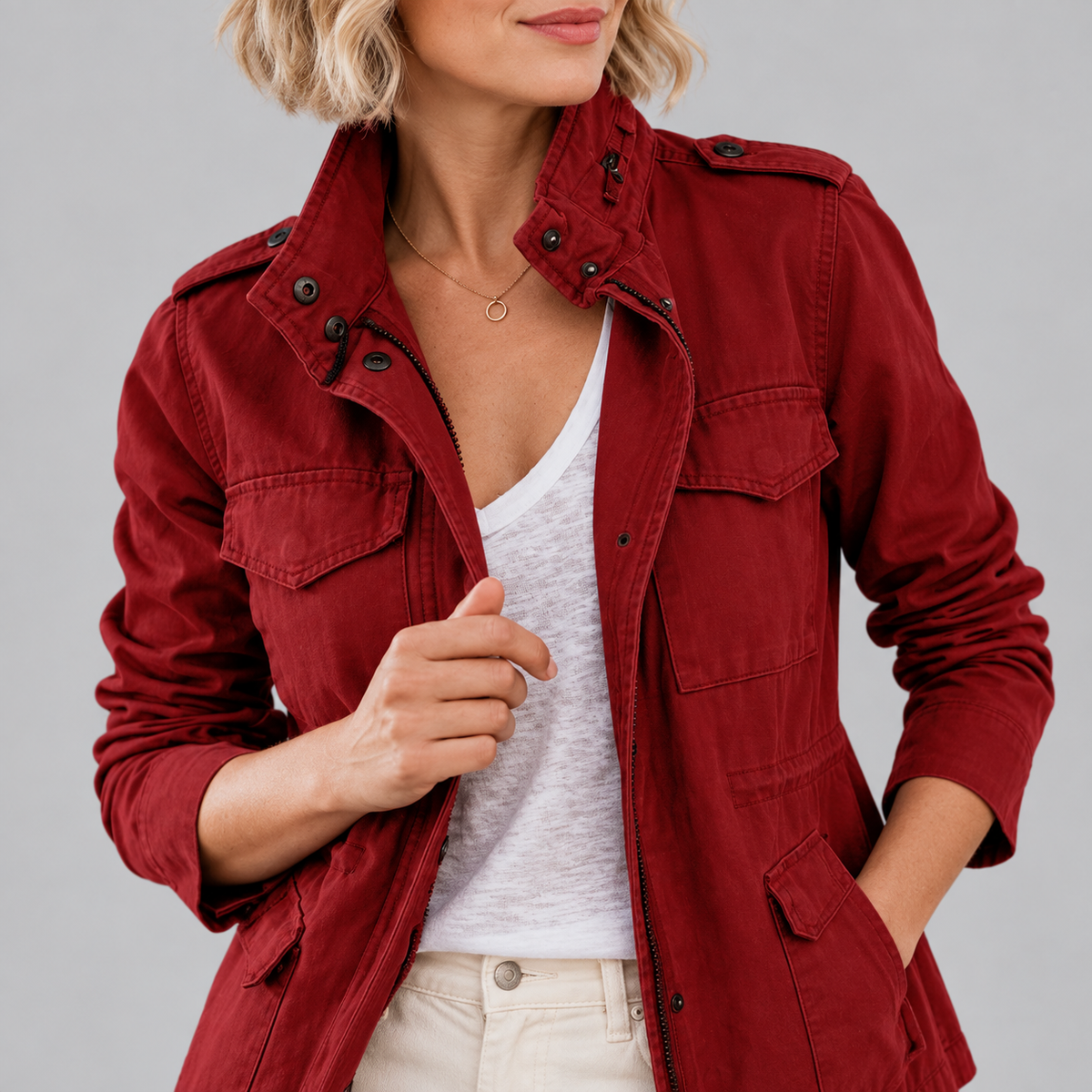 RHODA™ - Vintage Zip Up Button Military Jacket
