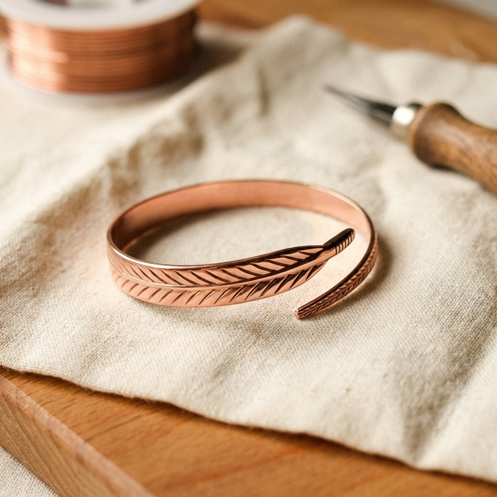 Daphne | Hand-Engraved Copper Feather Cuff Bracelet
