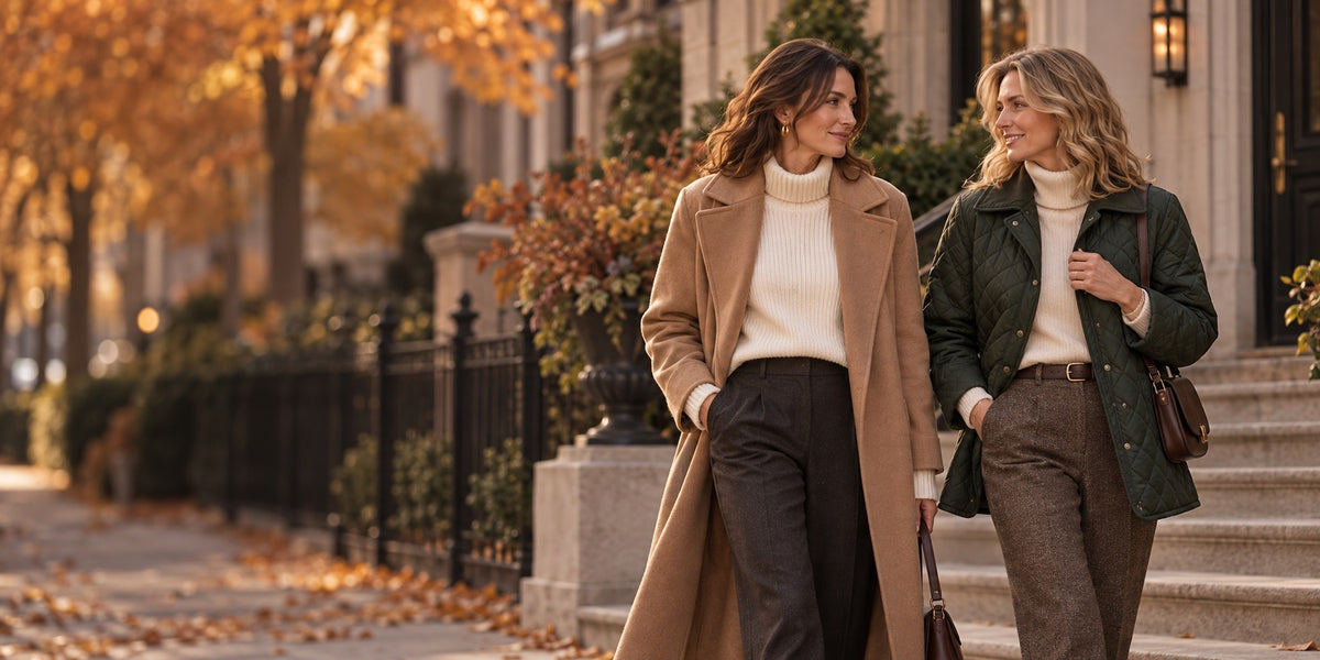 Two women walking on an autumn street in Toronto wearing a camel wool coat and a green quilted jacket