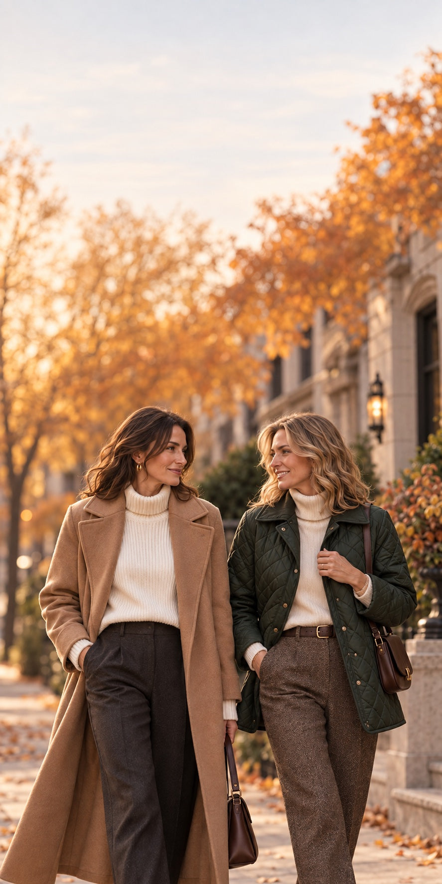 Two women walking on an autumn street in Toronto wearing a camel wool coat and a green quilted jacket