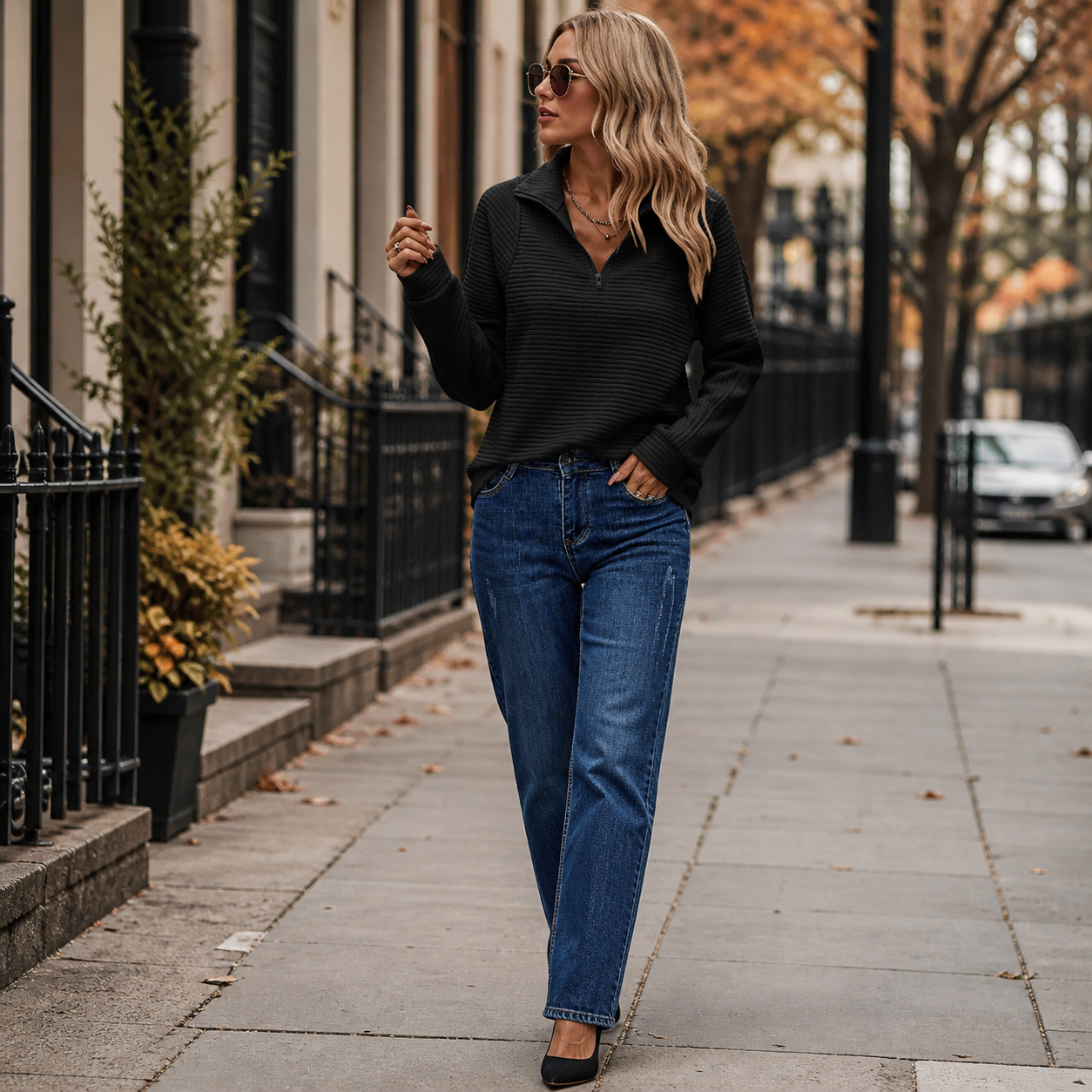 Everly Elegant Zip Up Sweater - black - lifestyle view 3
