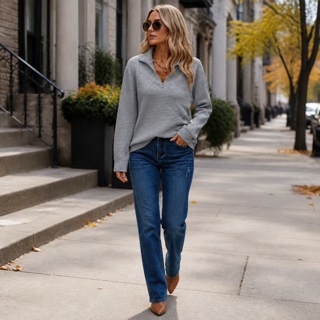 Everly Elegant Zip Up Sweater - grey - lifestyle view 3