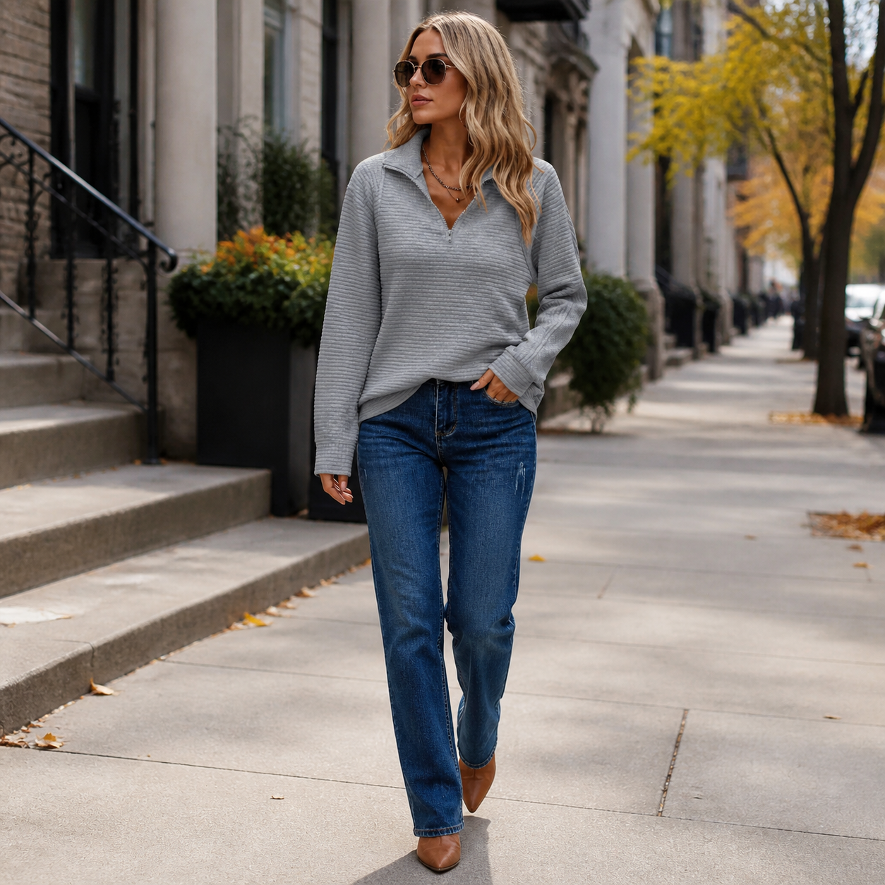 Everly Elegant Zip Up Sweater - grey - lifestyle view 3