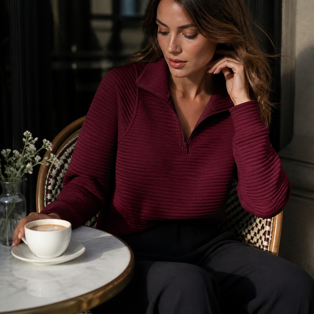 Everly Elegant Zip Up Sweater - maroon - lifestyle view 2