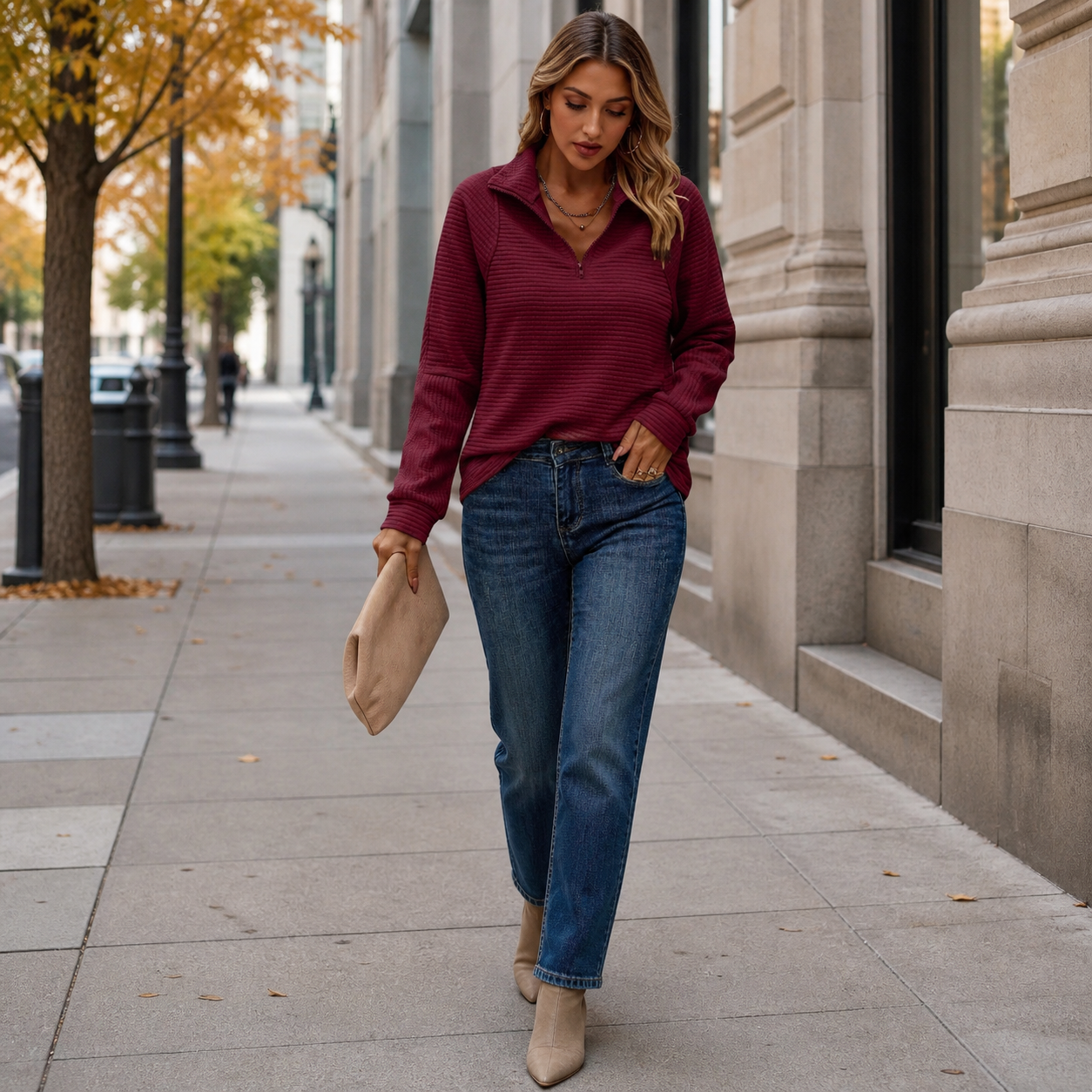Everly Elegant Zip Up Sweater - maroon - lifestyle view 3