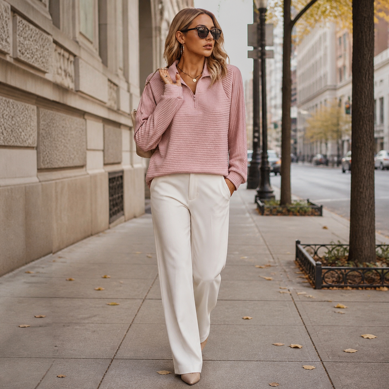 Everly Elegant Zip Up Sweater - pink - lifestyle view 3