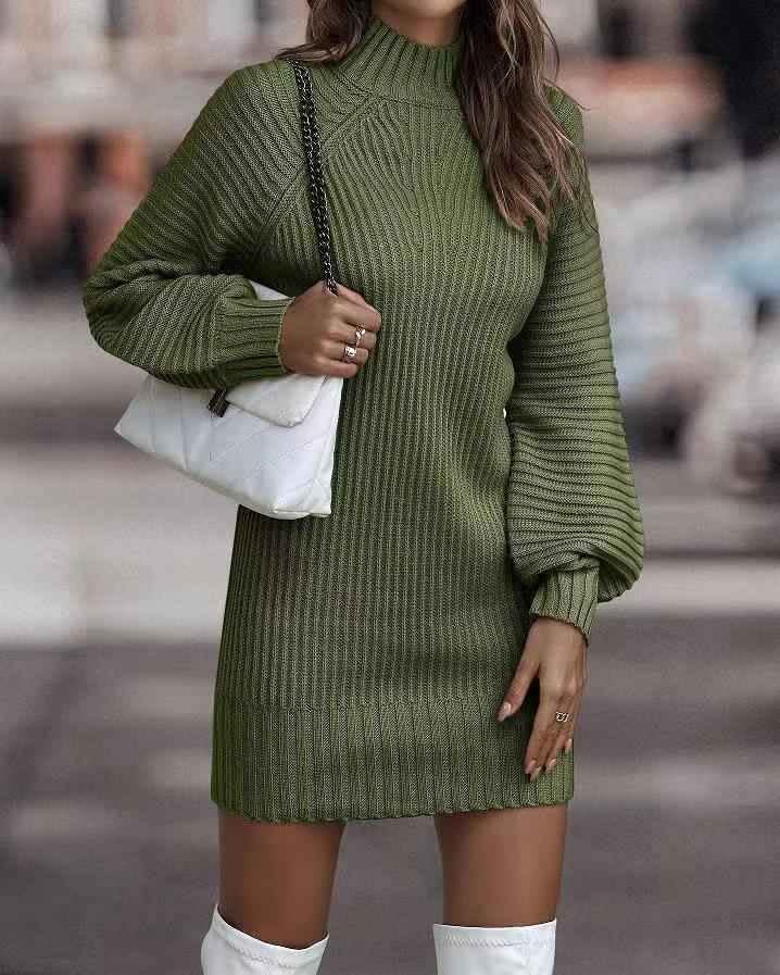 Lila Ribbed Knit Lantern Sleeve Sweater Dress