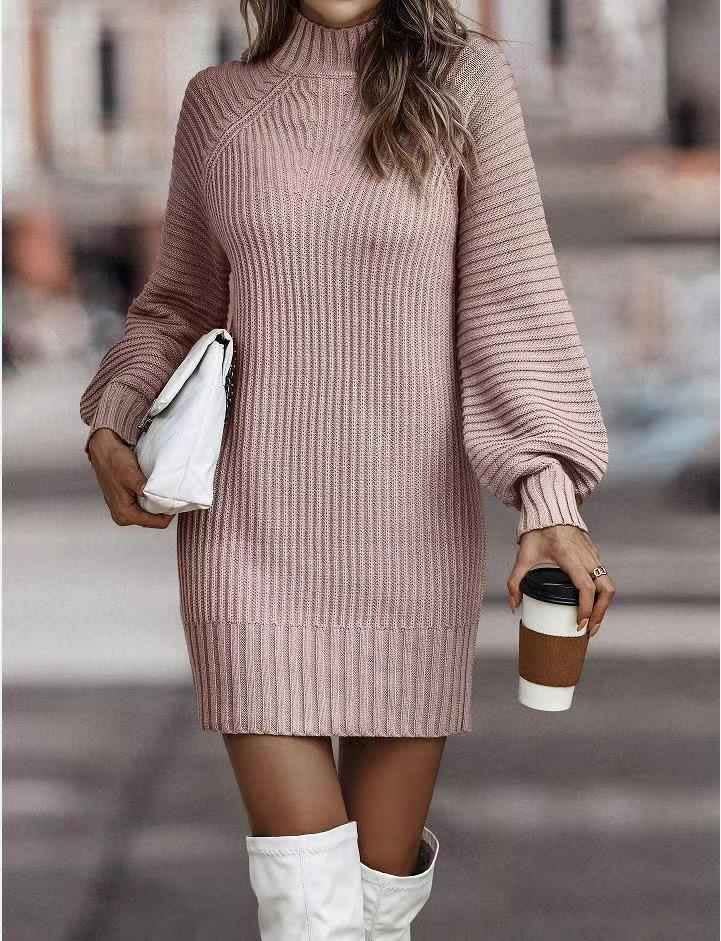 Lila Ribbed Knit Lantern Sleeve Sweater Dress