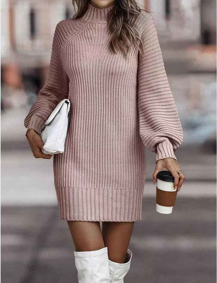 Lila Ribbed Knit Lantern Sleeve Sweater Dress