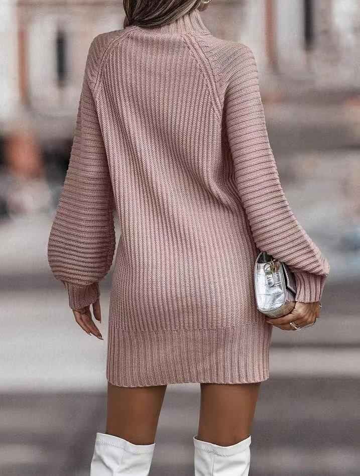 Lila Ribbed Knit Lantern Sleeve Sweater Dress