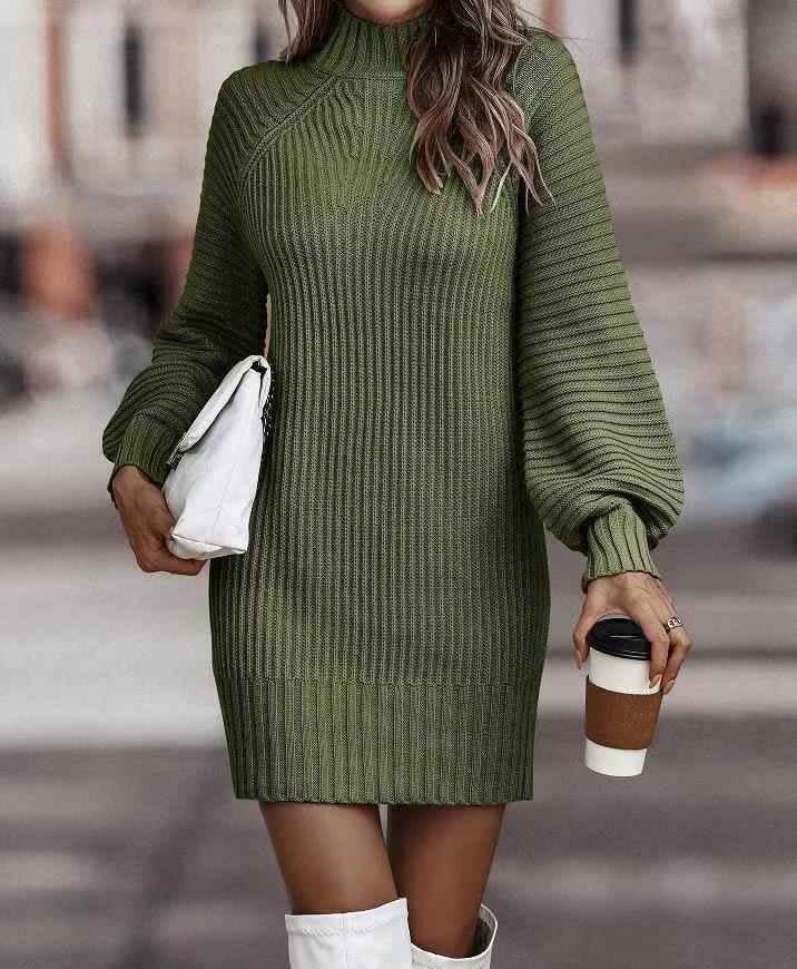 Lila Ribbed Knit Lantern Sleeve Sweater Dress
