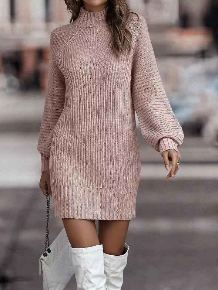 Lila Ribbed Knit Lantern Sleeve Sweater Dress