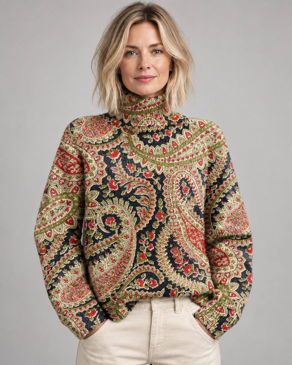 Nicolia™ | Vintage Floral Knit Turtleneck Sweater