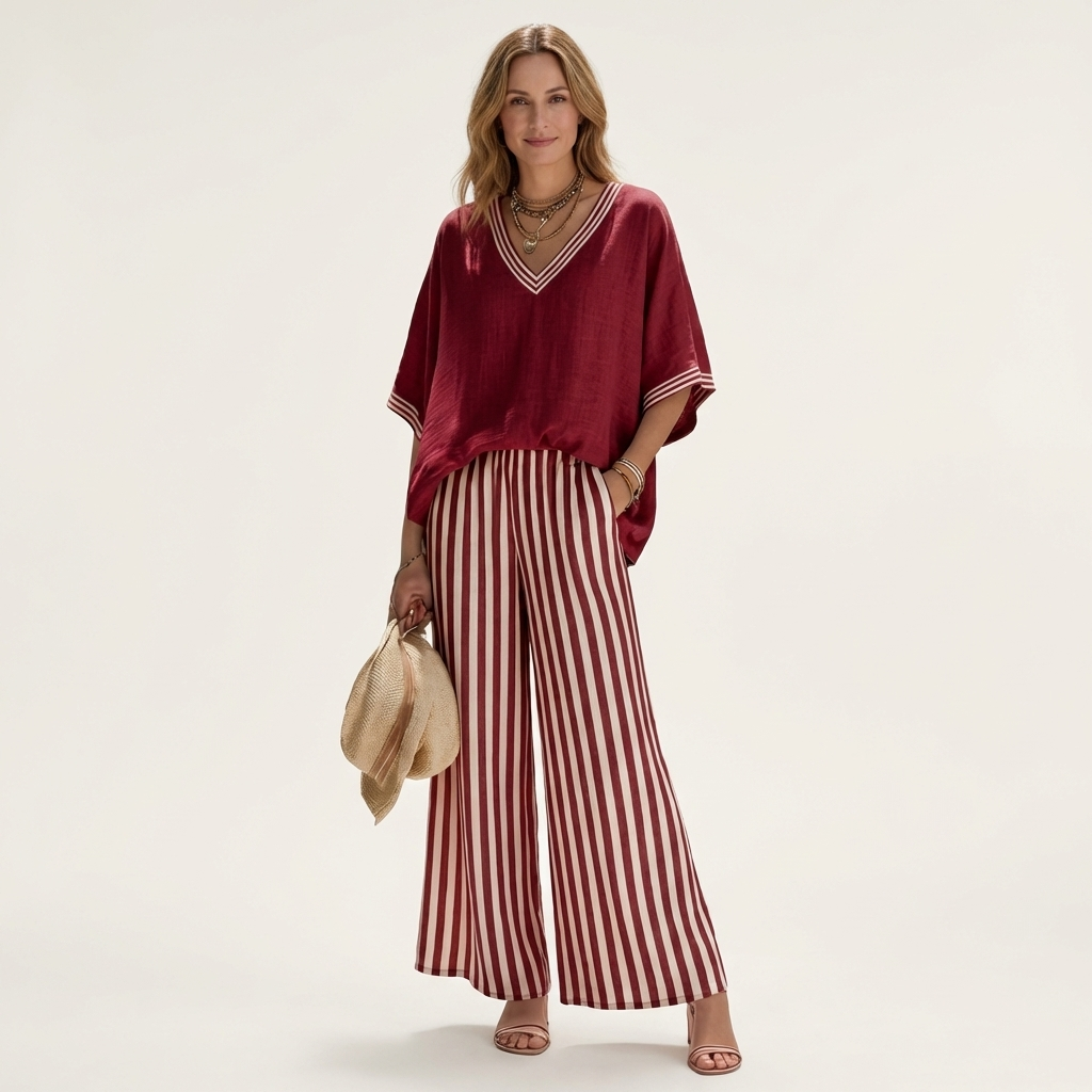 Juliana | V-Neck Varsity Top & Stripe Wide-Leg Set