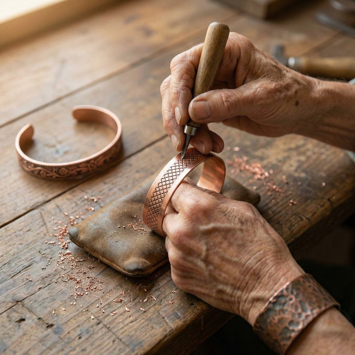 Kendall | Engraved Lattice Copper Ring and Bracelet Set